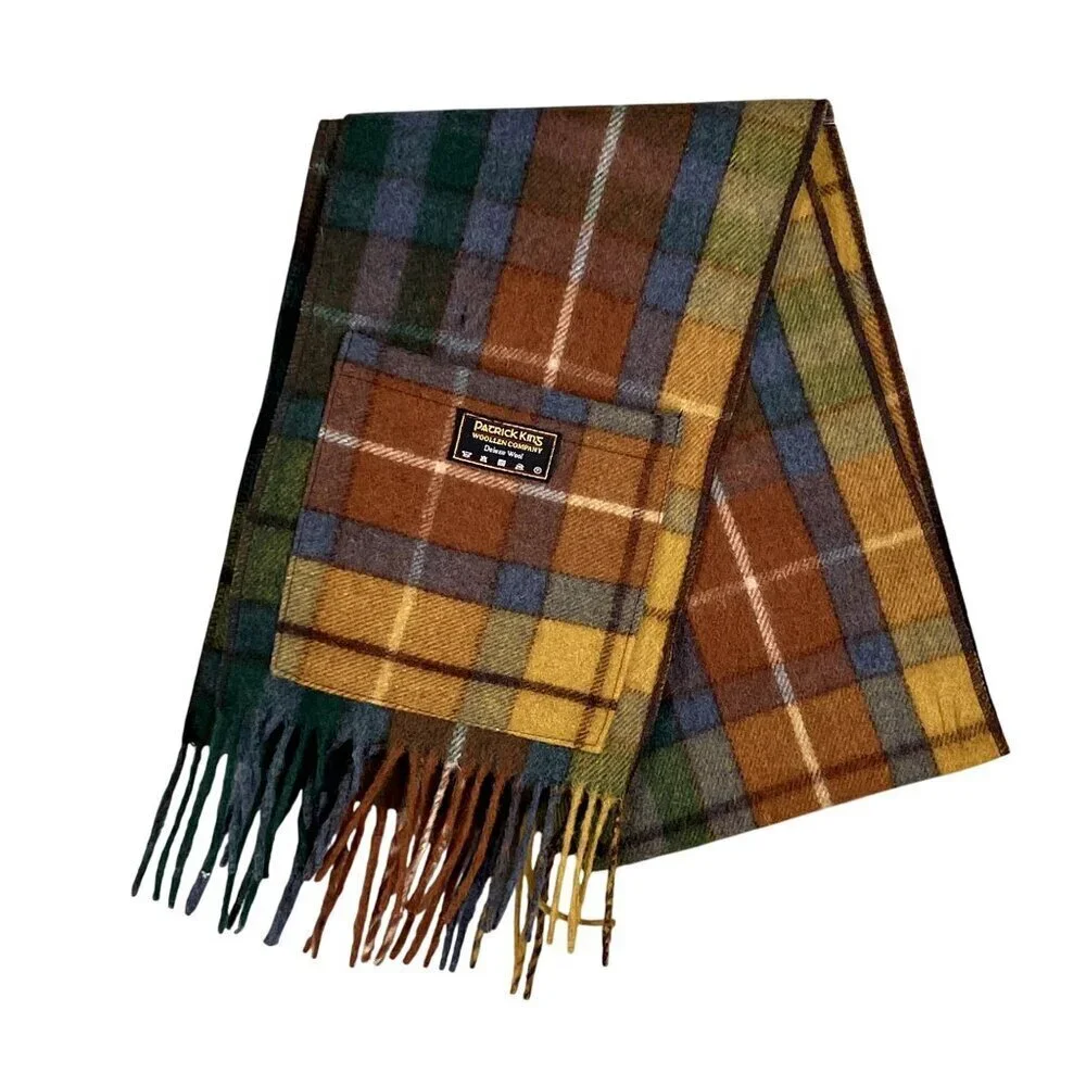 Patrick King Woollen Co. Deluxe Wool Tartan Plaid Scarf Pockets Fringe Preppy